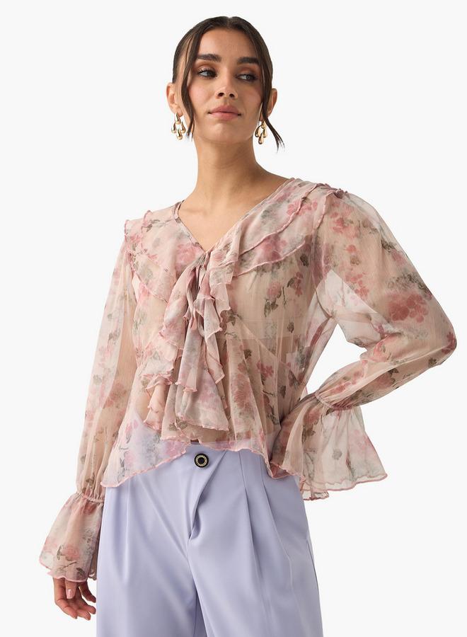 تواكستريمز بلوزة بطبعة كاملة بياقة على شكل حرف  وكشكشة - Image 1