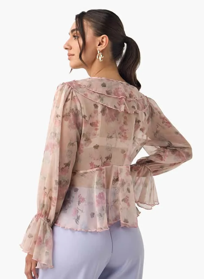 2Xtremz 2Xtremz All-Over Print V-neck Top with Ruffles