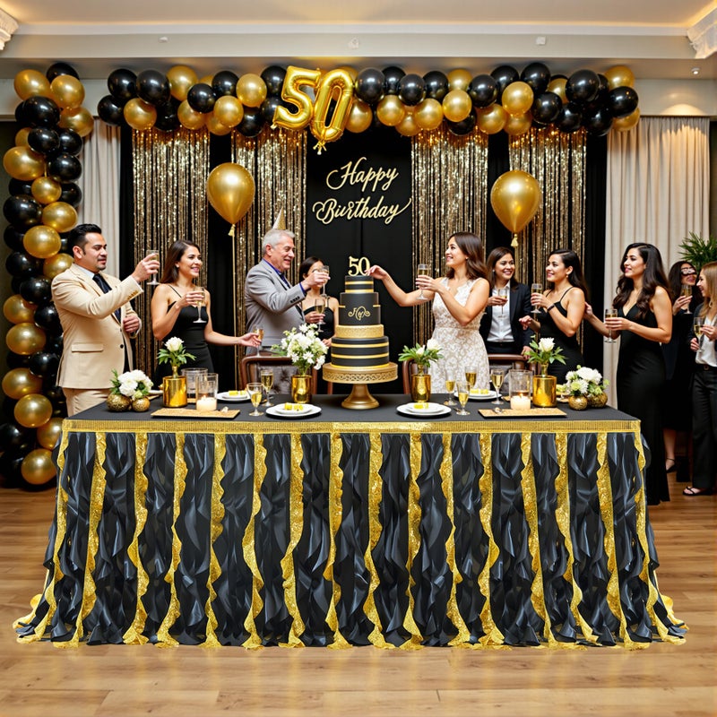 Shillance 17Ft Black Gold Sequin Table Skirt for Rectangle or Round TablesCurly Willow Tutu Ruffle Table ClothSequin Desk Skirt for BirthdayPartBanquetWeddingBaby ShowerRetirement PartyTable Decorations - Image 2