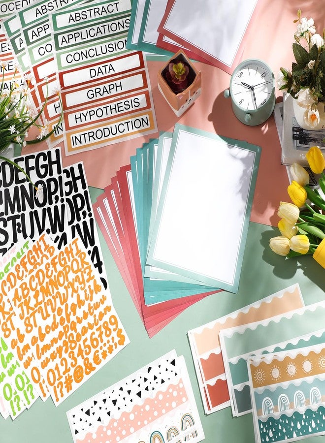 Skyygemm 92 Pcs Science Fair Board Supplies 60 Trim Scalloped Poster Boards 18 Presentation Subtitles 6 Self Adhesive Project Titles 8 Letter Sticker for Classroom Display(Green,Boho) - Image 4