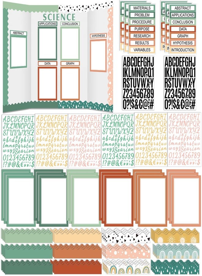 Skyygemm 92 Pcs Science Fair Board Supplies 60 Trim Scalloped Poster Boards 18 Presentation Subtitles 6 Self Adhesive Project Titles 8 Letter Sticker for Classroom Display(Green,Boho) - Image 1