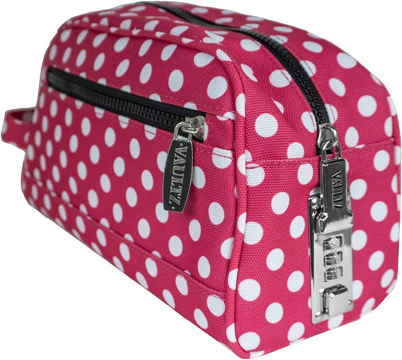 Vaultz Locking Nylon Travel Kit, 10 x 5.75 x 5 Inches, Pink/White Polka Dots (VZ03512) - Image 1