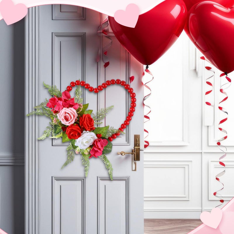 Dingion Valentine Wreaths for Front Door Hanging Red Wood Beads Fake Rose Flower Garland Valentine Heart Shaped Wreath Decor for Front Door for Window Home Indoors Decorations - Image 3