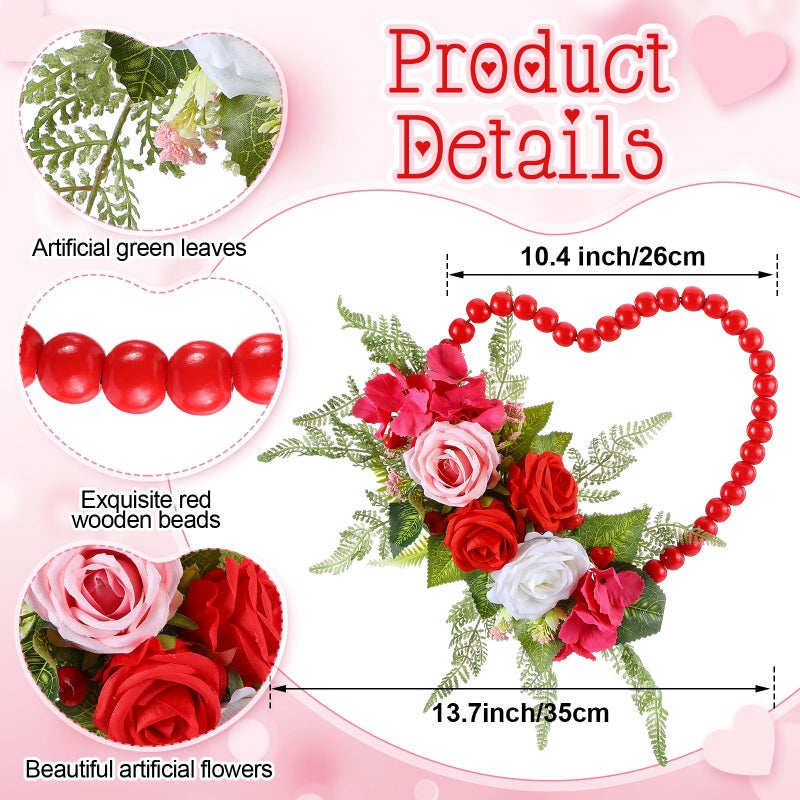 Dingion Valentine Wreaths for Front Door Hanging Red Wood Beads Fake Rose Flower Garland Valentine Heart Shaped Wreath Decor for Front Door for Window Home Indoors Decorations - Image 2