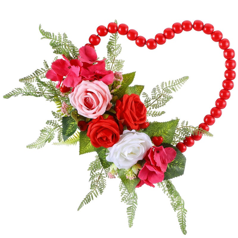 Dingion Valentine Wreaths for Front Door Hanging Red Wood Beads Fake Rose Flower Garland Valentine Heart Shaped Wreath Decor for Front Door for Window Home Indoors Decorations - Image 1