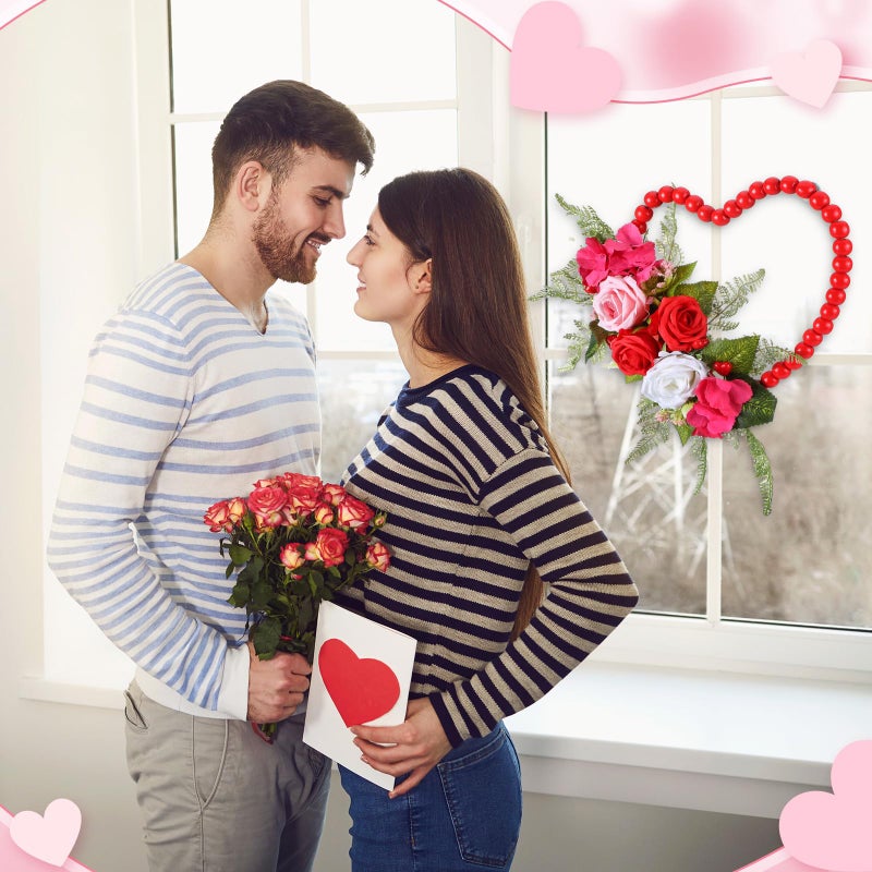 Dingion Valentine Wreaths for Front Door Hanging Red Wood Beads Fake Rose Flower Garland Valentine Heart Shaped Wreath Decor for Front Door for Window Home Indoors Decorations - Image 5