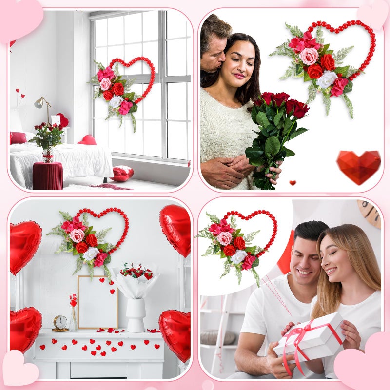 Dingion Valentine Wreaths for Front Door Hanging Red Wood Beads Fake Rose Flower Garland Valentine Heart Shaped Wreath Decor for Front Door for Window Home Indoors Decorations - Image 4