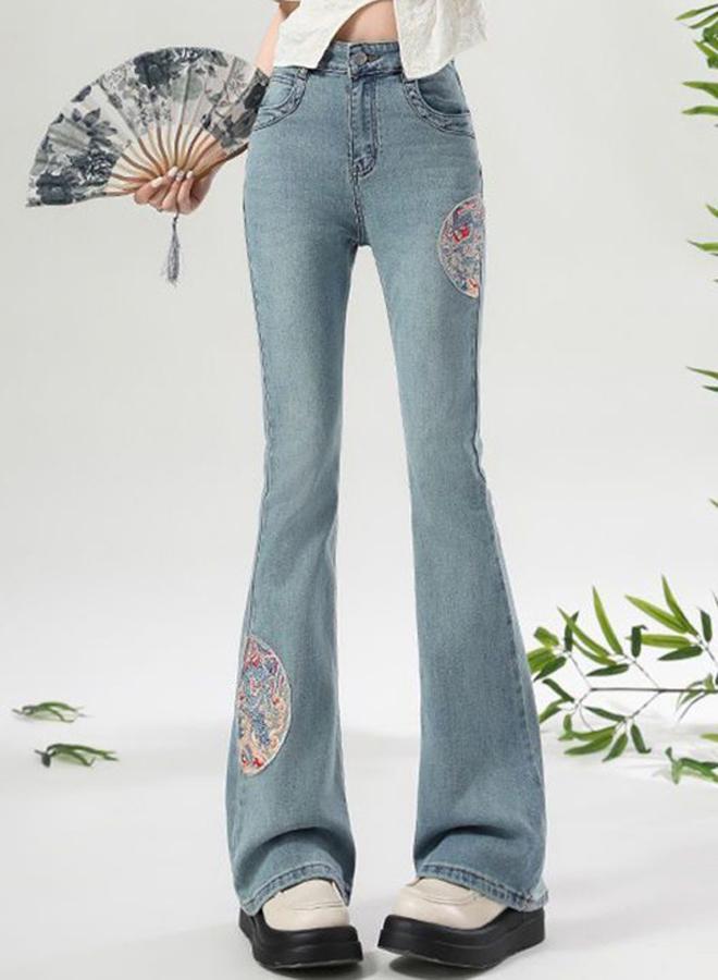 YUNIQEE Blue Flared High-Rise Embroidered Bootcut Jeans - Image 1