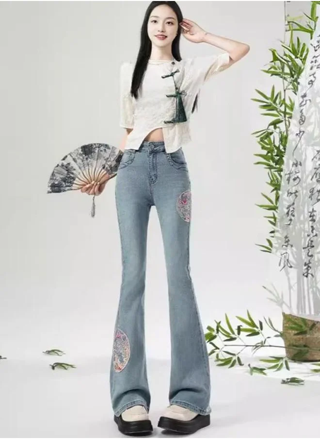 يونيكي Blue Flared High-Rise Embroidered Bootcut Jeans