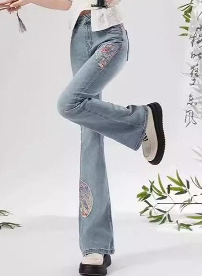 YUNIQEE Blue Flared High-Rise Embroidered Bootcut Jeans - Image 2