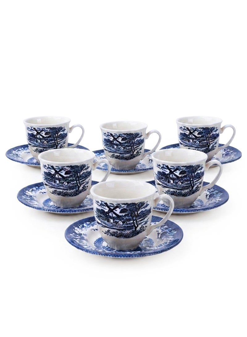 Claytan Earthenware Classic Blue Windmill Countryside Landscape Tea Cup & Saucer Set, 200ml, White (Set of 6) | Premium Tea & Coffee Cups with Matching Saucers | Vintage Drinkware for Home - Image 1