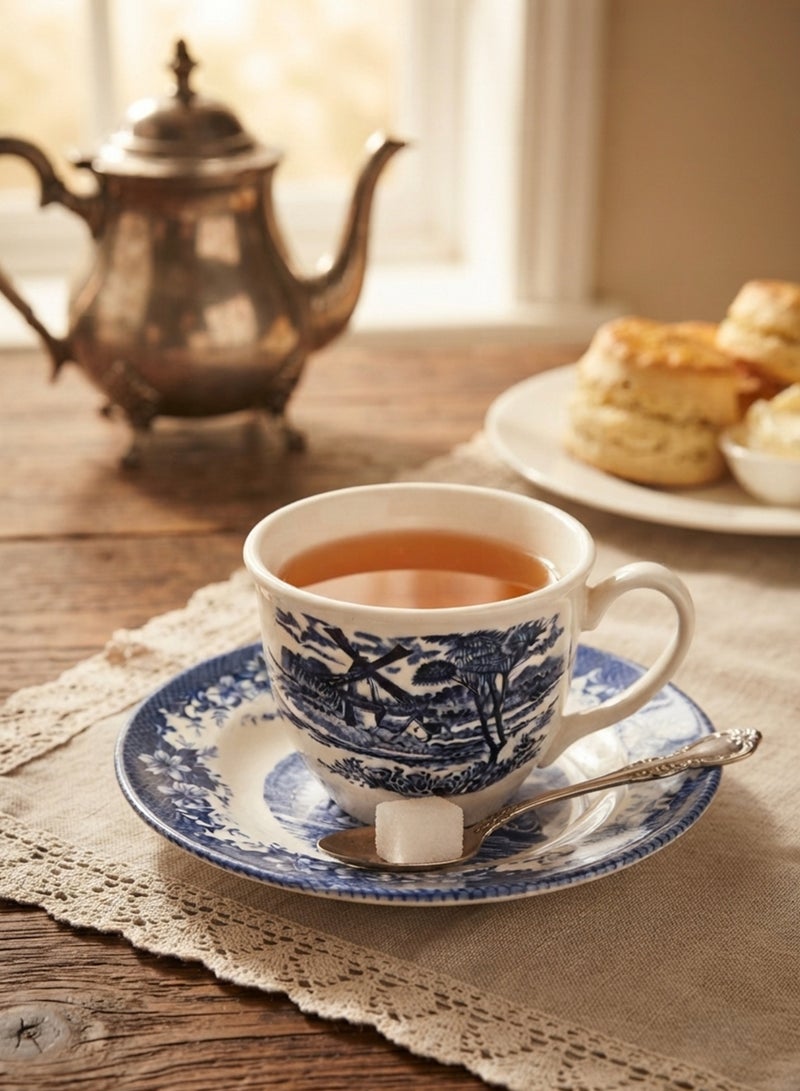 Claytan Earthenware Classic Blue Windmill Countryside Landscape Tea Cup & Saucer Set, 200ml, White (Set of 6) | Premium Tea & Coffee Cups with Matching Saucers | Vintage Drinkware for Home - Image 3