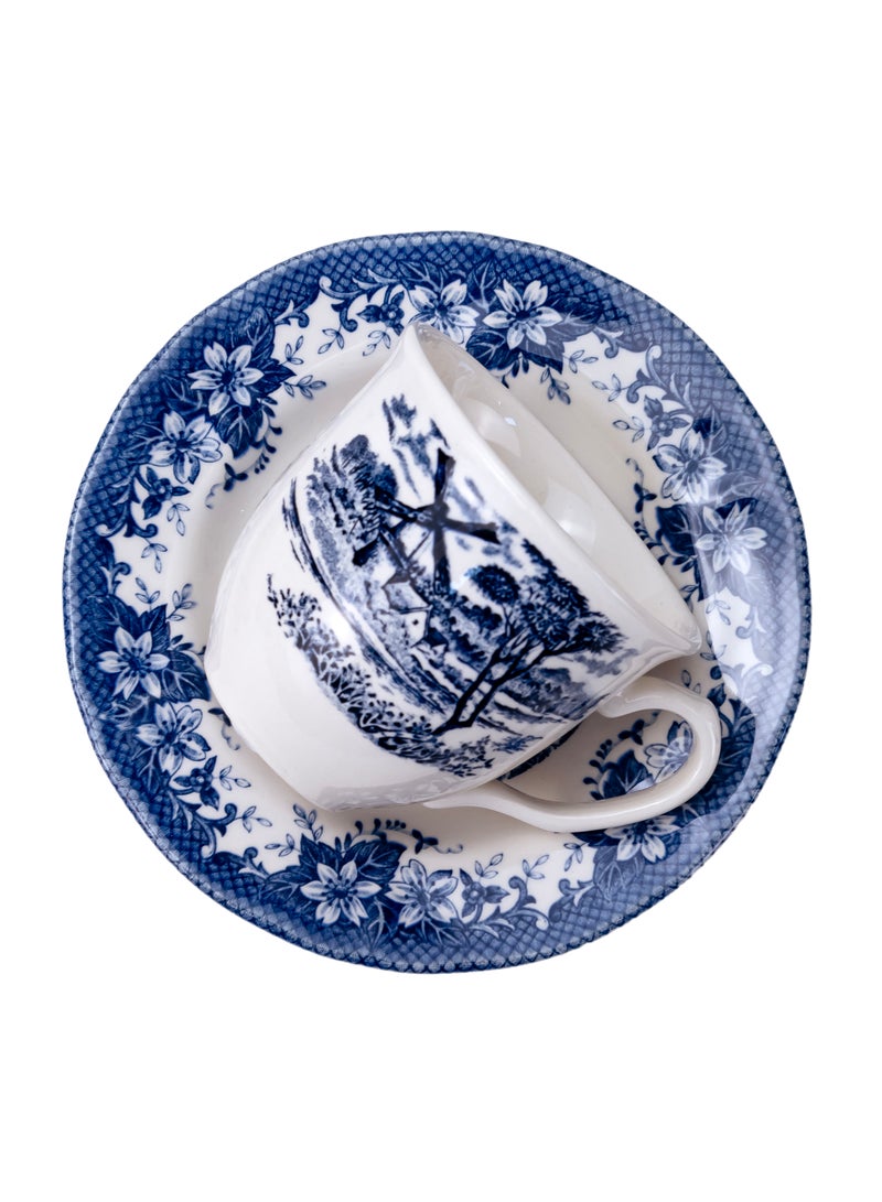 Claytan Earthenware Classic Blue Windmill Countryside Landscape Tea Cup & Saucer Set, 200ml, White (Set of 6) | Premium Tea & Coffee Cups with Matching Saucers | Vintage Drinkware for Home - Image 5