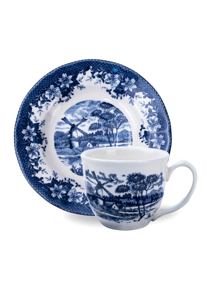 Claytan Earthenware Classic Blue Windmill Countryside Landscape Tea Cup & Saucer Set, 200ml, White (Set of 6) | Premium Tea & Coffee Cups with Matching Saucers | Vintage Drinkware for Home - Image 2