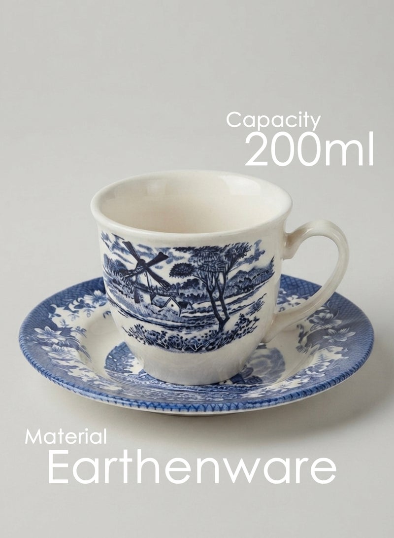 Claytan Earthenware Classic Blue Windmill Countryside Landscape Tea Cup & Saucer Set, 200ml, White (Set of 6) | Premium Tea & Coffee Cups with Matching Saucers | Vintage Drinkware for Home - Image 4