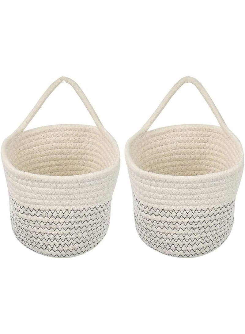 Zikra Hanging Cotton Rope Baskets, 2 Pcs 15 x 15 cm Small Woven Storage Basket, Bike Hang Bag with Handle, Fabric Planter, Home Décor for Flower Plants, Organizer for Keys, Wallets, Sunglasses, White - Image 1