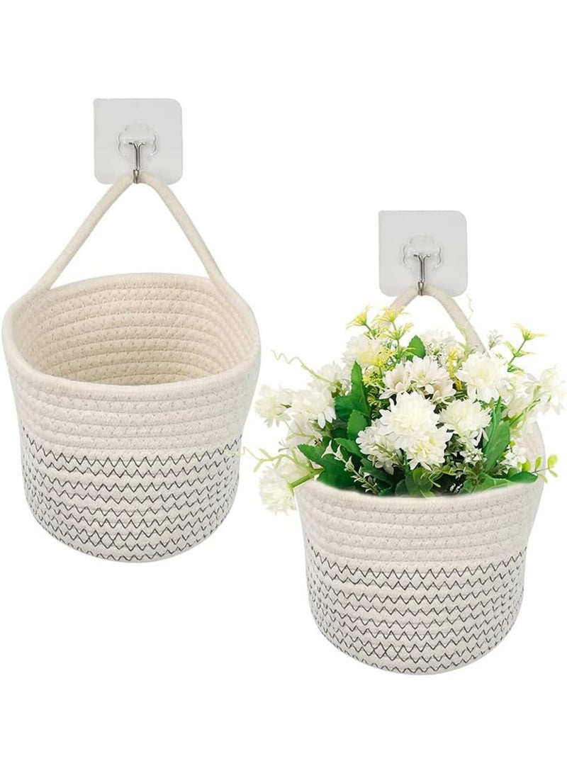 Zikra Hanging Cotton Rope Baskets, 2 Pcs 15 x 15 cm Small Woven Storage Basket, Bike Hang Bag with Handle, Fabric Planter, Home Décor for Flower Plants, Organizer for Keys, Wallets, Sunglasses, White - Image 4