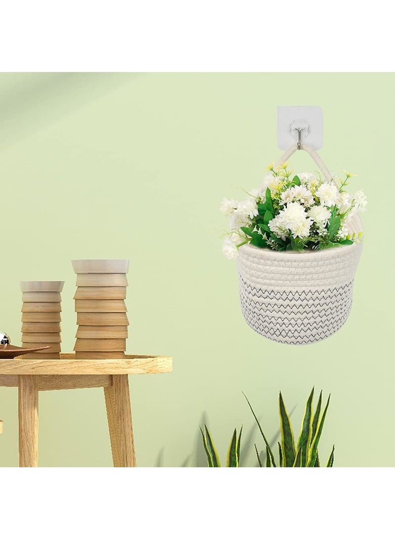 Zikra Hanging Cotton Rope Baskets, 2 Pcs 15 x 15 cm Small Woven Storage Basket, Bike Hang Bag with Handle, Fabric Planter, Home Décor for Flower Plants, Organizer for Keys, Wallets, Sunglasses, White - Image 5