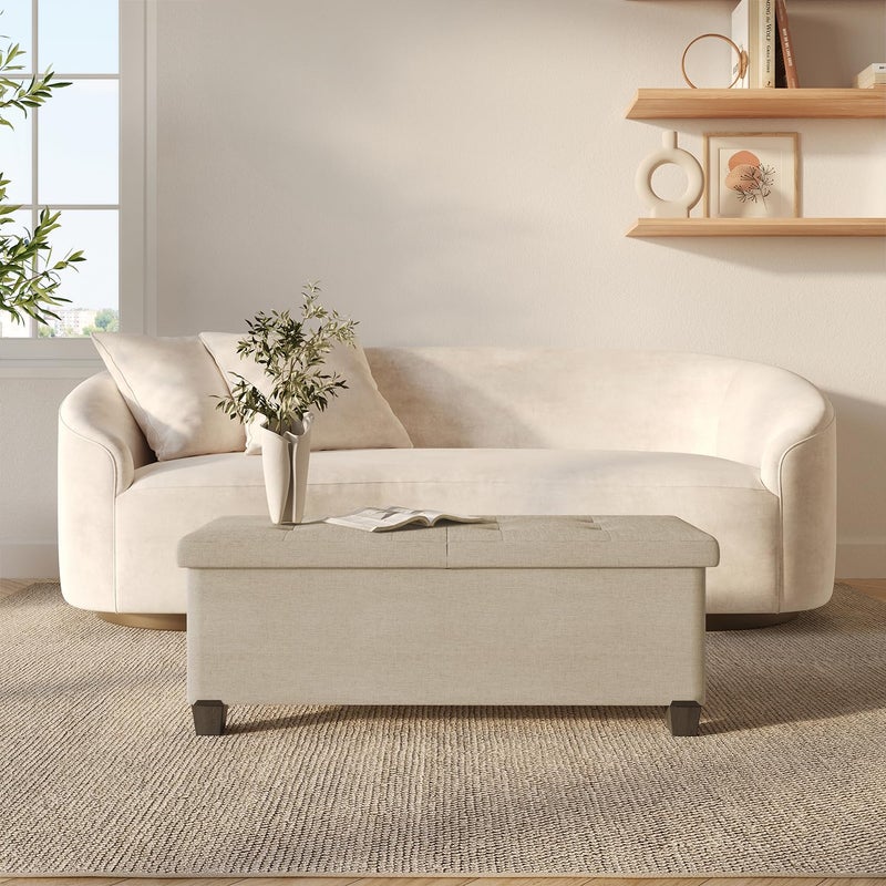 STORAGEBUD Storage Ottoman Bench with Bins, 43-in Storage Bench for Bedroom End of Bed, Folding Foot Rest Ottoman for Living Room Max 660lbs, Fabric Ottomans, Beige - Image 2
