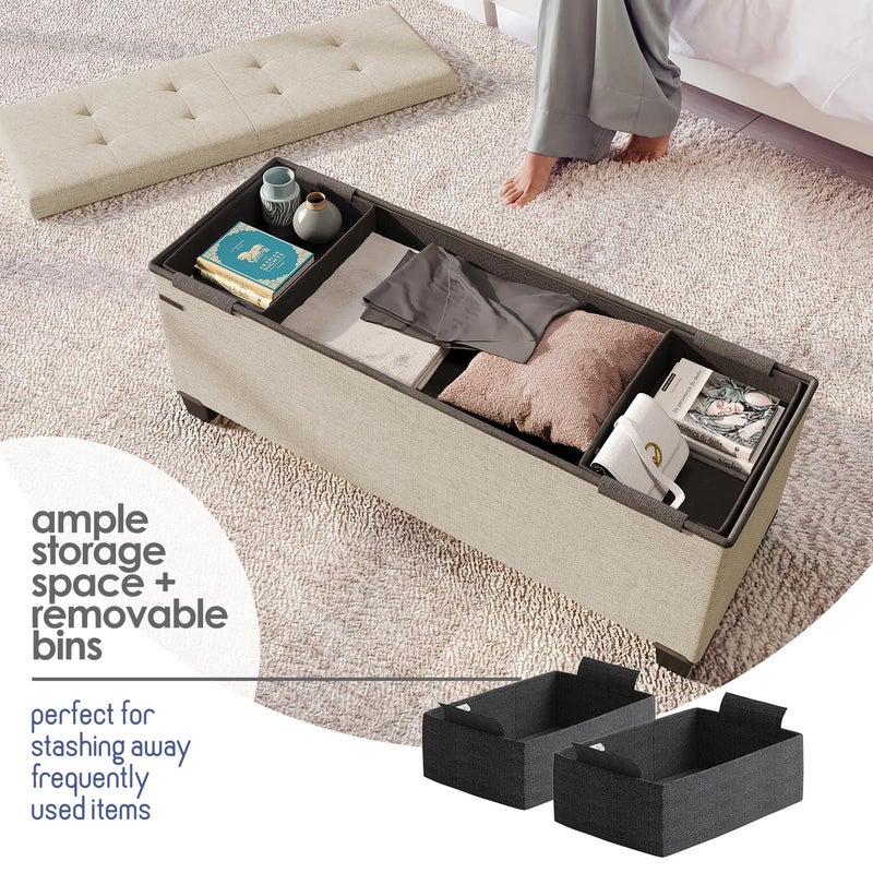 STORAGEBUD Storage Ottoman Bench with Bins, 43-in Storage Bench for Bedroom End of Bed, Folding Foot Rest Ottoman for Living Room Max 660lbs, Fabric Ottomans, Beige - Image 3
