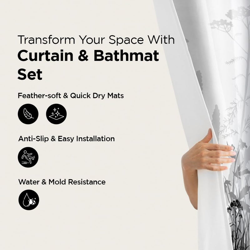Umai UMAI Shower Curtain (180X180 cm) & Bathmat 3 Pcs Set|6ft|Creative Vibrant Coloured Polyster Curtain Sets with Non-Slip Bath mats for Bathroom|Easy-Slide Curtains|Quick Dry,Soft Mats  - Image 2