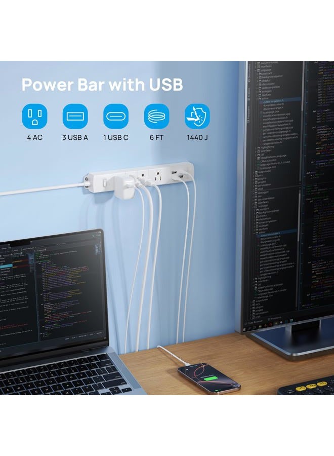 TROND Prime II 4-Outlet Mountable Surge Protector Power Strip with USB Charger (4A/20W, White), Right-Angle Flat Plug & 6.6 Feet Long Cord, for Workbench, Nightstand, Dresser, Home, Office & Hot - Image 2