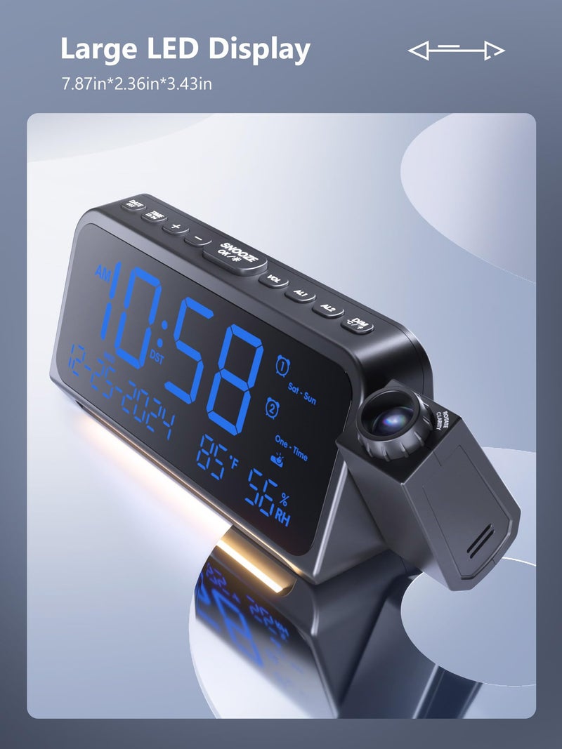 OnLyee Projection Alarm Clock for Bedroom, Alarm Clock with 350° Rotatable Projector, 5 Brightness, Dual Alarm with Weekday/Weekend Mode, Temp & Humidity, Snooze, Bedside Alarm Clock for Heavy Sleepers(Blue) - Image 2