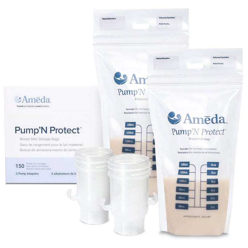 Ameda Pump'N Protect Breastmilk Storage Bag 6oz | 150 Count + 2 Bag Adapters | Breast Milk Storage Bags for Refrigerator or Freezer | BPA Free | Breastfeeding Essentials | Breastfeeding Supplies - Image 1