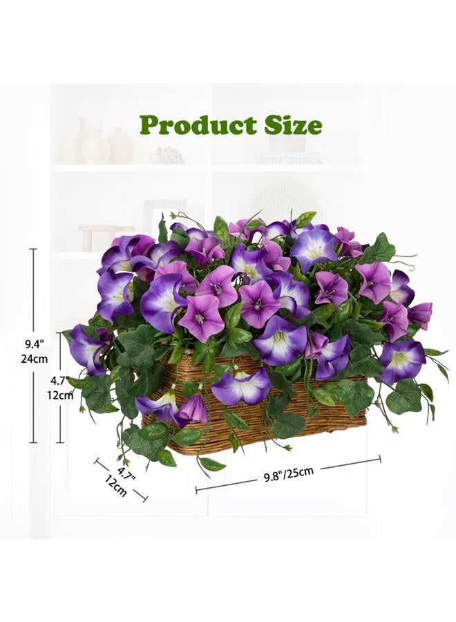 Briful Fake Floral Centerpieces for Tables Artificial Potted Morning Glory Silk Flowers with Woven Rattan Basket Faux Flower Arrangement for Home Office Room Shelf Kitchen Decor(Lavender Purple) - Image 2
