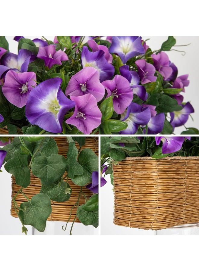 Briful Fake Floral Centerpieces for Tables Artificial Potted Morning Glory Silk Flowers with Woven Rattan Basket Faux Flower Arrangement for Home Office Room Shelf Kitchen Decor(Lavender Purple) - Image 3