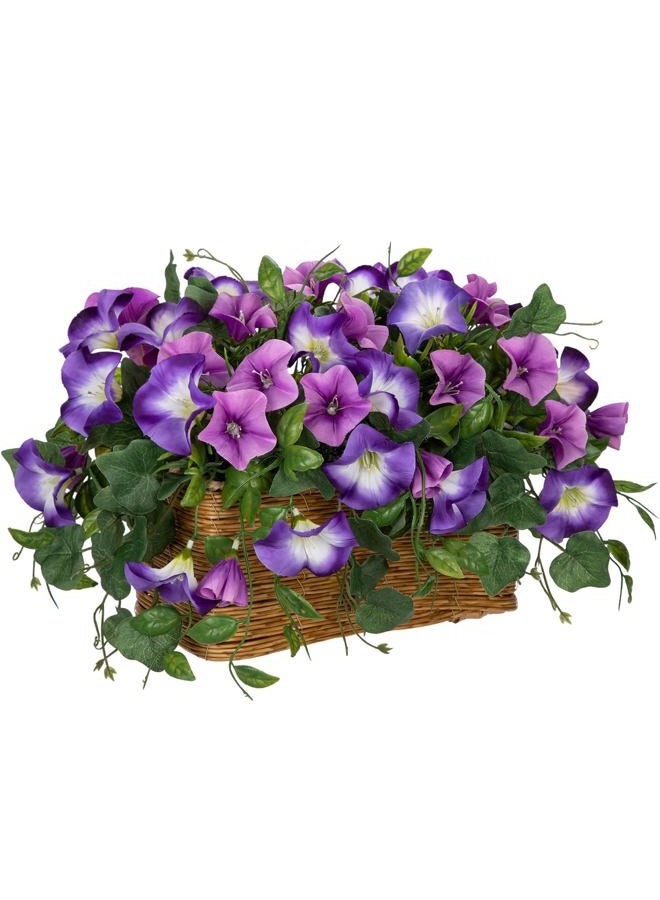 Briful Fake Floral Centerpieces for Tables Artificial Potted Morning Glory Silk Flowers with Woven Rattan Basket Faux Flower Arrangement for Home Office Room Shelf Kitchen Decor(Lavender Purple) - Image 1
