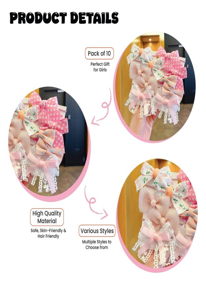 SYGA 10 Pcs Floral & Lace Bow Hair Tie Rope Set for Girls & Women - Sweet Princess Style Hair Accessories (Baby Pink) - Image 4