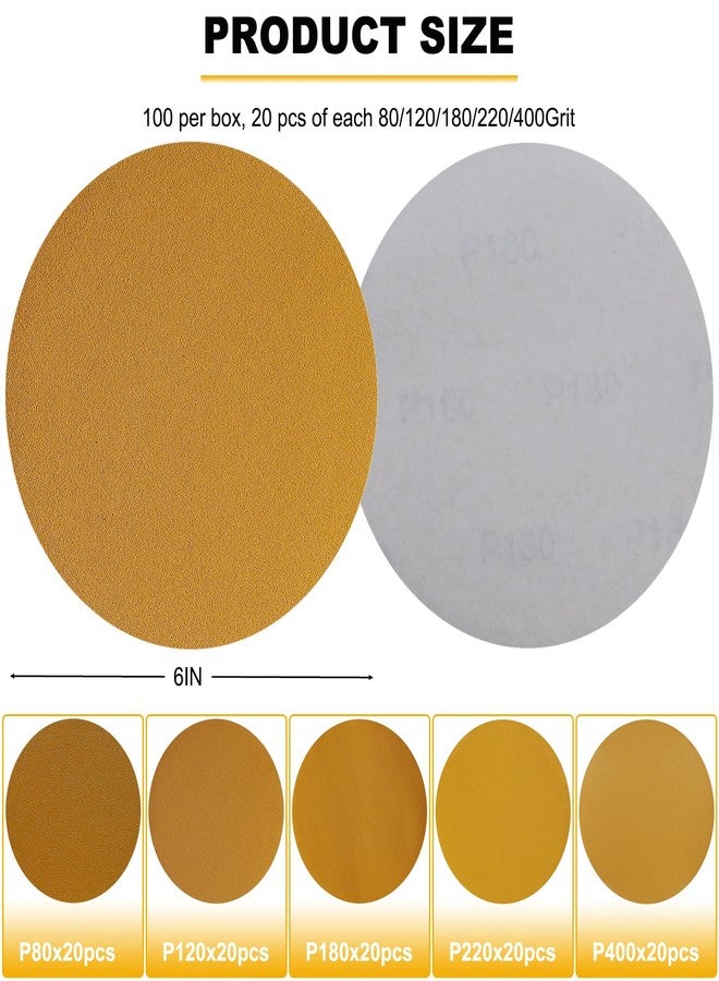 Tonmp 100 PCS 6 Inch Gold PSA Sanding Discs Set -20 Each of 80, 120, 180, 220, 400 Grit - Self Adhesive Stickyback Sandpaper Discs for 6" DA Sander Sand Automotive Car Paint, Woodworking, Metal - Image 2