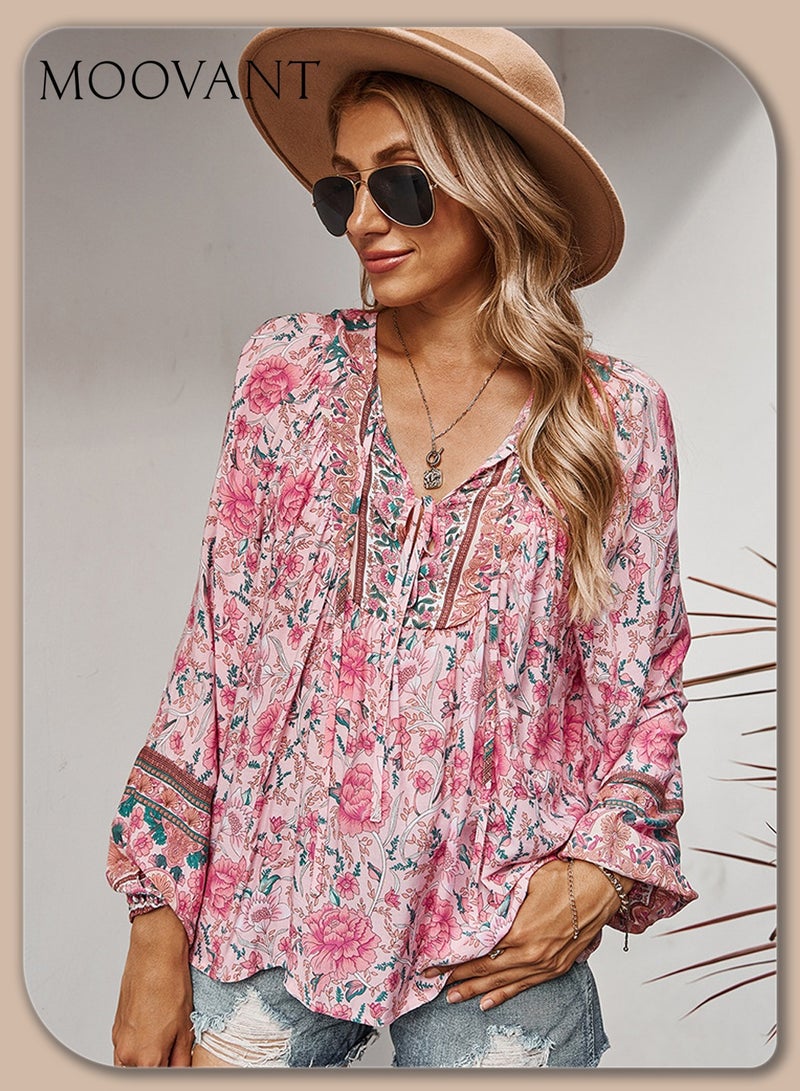 Moovant Women's Long Sleeve Tops, V Neck Blouse, Bohemian Shirts, Boho Flower Flowy Print Top Shirt, Pink - Image 1