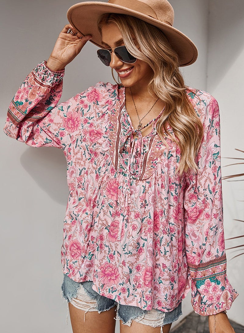 Moovant Women's Long Sleeve Tops, V Neck Blouse, Bohemian Shirts, Boho Flower Flowy Print Top Shirt, Pink - Image 2
