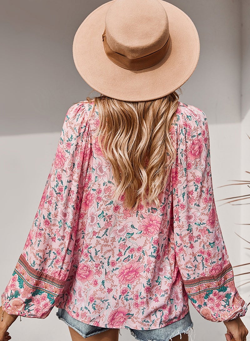 Moovant Women's Long Sleeve Tops, V Neck Blouse, Bohemian Shirts, Boho Flower Flowy Print Top Shirt, Pink - Image 3