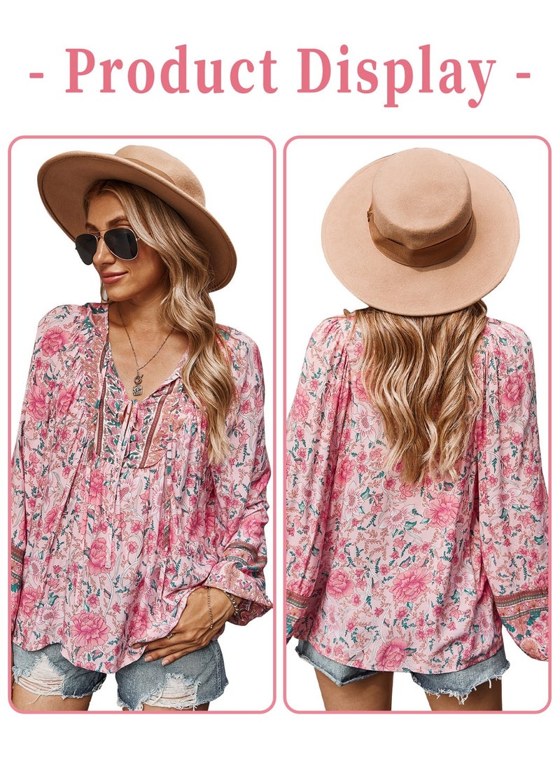 Moovant Women's Long Sleeve Tops, V Neck Blouse, Bohemian Shirts, Boho Flower Flowy Print Top Shirt, Pink - Image 4