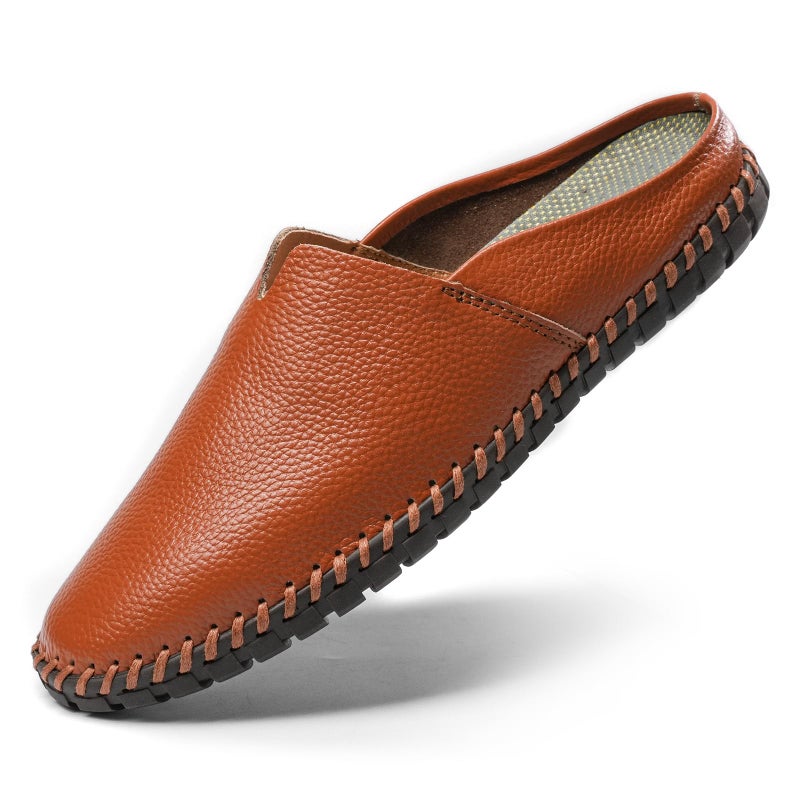 LUODENGLANG Menâ€™s Slip-On Loafers Mules Clog Handmade Leather Slippers Hand Stitched no-Heel Casual Shoes for Men Breathable Comfortable Soft Brown 44 M 10 - Image 1