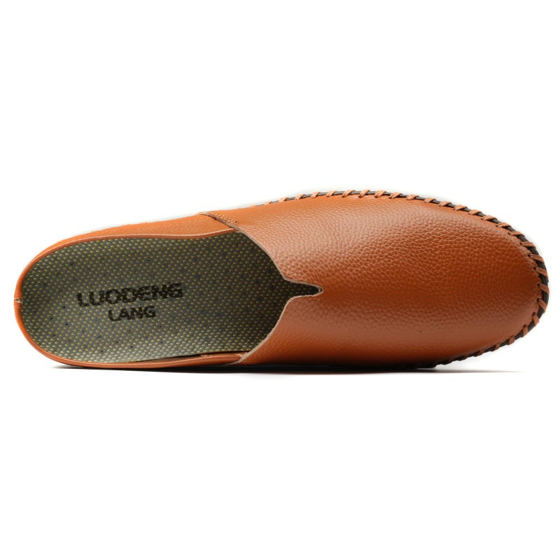 LUODENGLANG Menâ€™s Slip-On Loafers Mules Clog Handmade Leather Slippers Hand Stitched no-Heel Casual Shoes for Men Breathable Comfortable Soft Brown 44 M 10 - Image 4