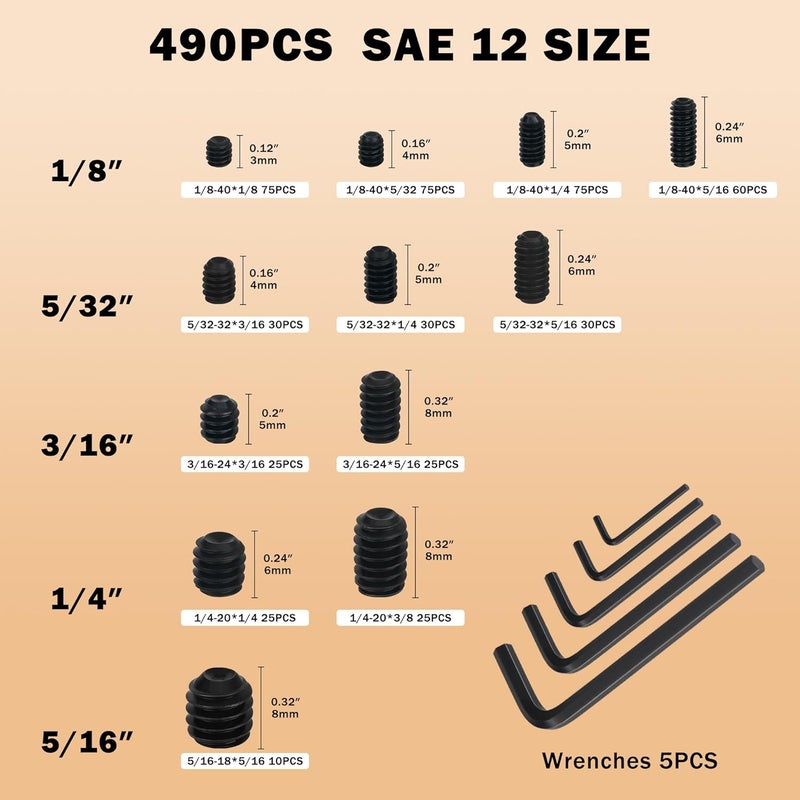 GLADRVWAY 1219PCS Assorted Set Screw Assortment Kit, 26Sizes Metric & SAE Stainless Grub Set Screws, Internal Hex Drive Cup-Point Screws for Bathroom Fixtures, Door Handles, Black (M3-M8, 1/8"-40 to 5/16"-18) - Image 5