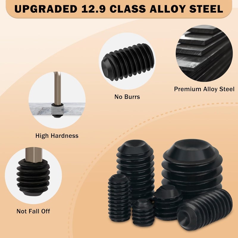 GLADRVWAY 1219PCS Assorted Set Screw Assortment Kit, 26Sizes Metric & SAE Stainless Grub Set Screws, Internal Hex Drive Cup-Point Screws for Bathroom Fixtures, Door Handles, Black (M3-M8, 1/8"-40 to 5/16"-18) - Image 2