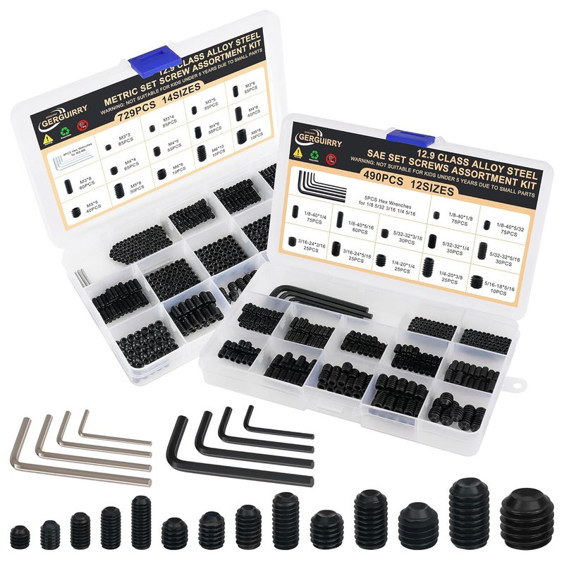 GLADRVWAY 1219PCS Assorted Set Screw Assortment Kit, 26Sizes Metric & SAE Stainless Grub Set Screws, Internal Hex Drive Cup-Point Screws for Bathroom Fixtures, Door Handles, Black (M3-M8, 1/8"-40 to 5/16"-18) - Image 1