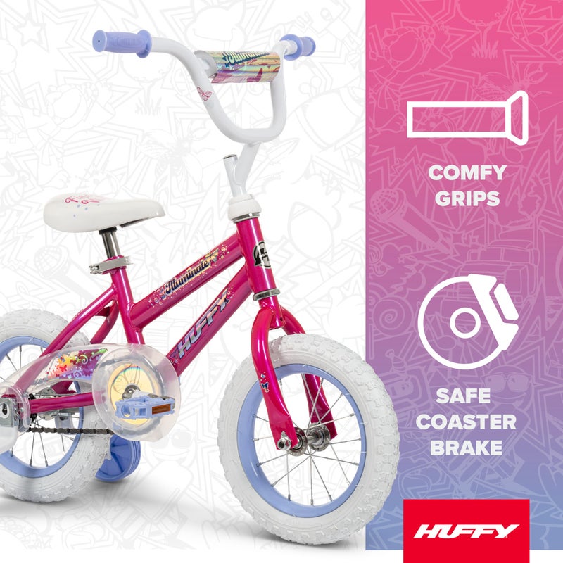Huffy Illuminate 12â€ Girlâ€™s Bike with Removable Training Wheels, Sweet Pink Frame with Butterfly Graphics, Chain Guard, White Tires and Lavender Rims - Image 2