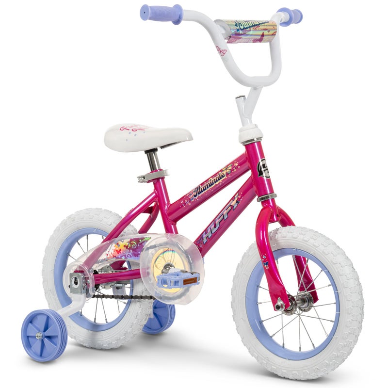 Huffy Illuminate 12â€ Girlâ€™s Bike with Removable Training Wheels, Sweet Pink Frame with Butterfly Graphics, Chain Guard, White Tires and Lavender Rims - Image 1