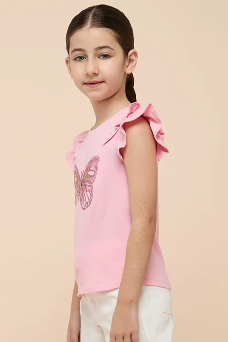 R&B Sequined Top with Crew neck and Flutter Sleeves