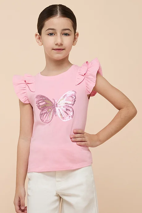 R&B Sequined Top with Crew neck and Flutter Sleeves