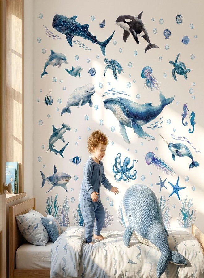DECOWALL Ocean Animals Wall Decals - Watercolor Whale, Shark & Dolphin Sea Life Wall Stickers for Kids Bedroom, Nursery & Playroom, Peel and Stick Removable Educational Wall Art (SG2-2518) - Image 1