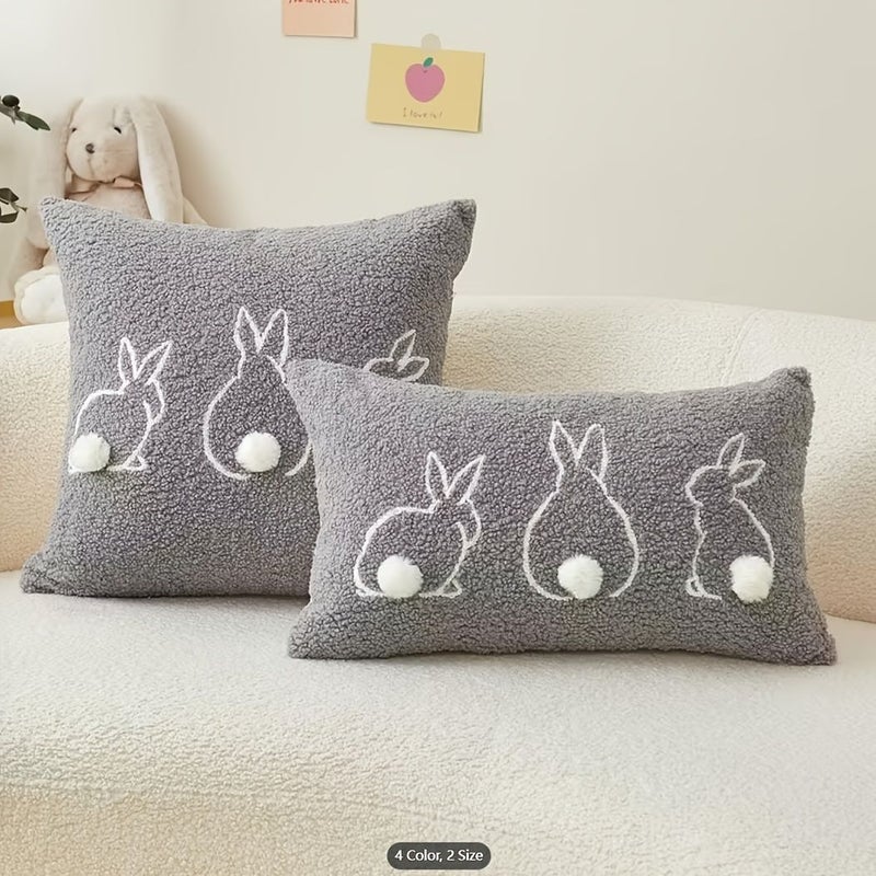 Grey Embroidered Rabbit Lambswool Velvet Cushion Cover Plush Pillowcase - Image 1