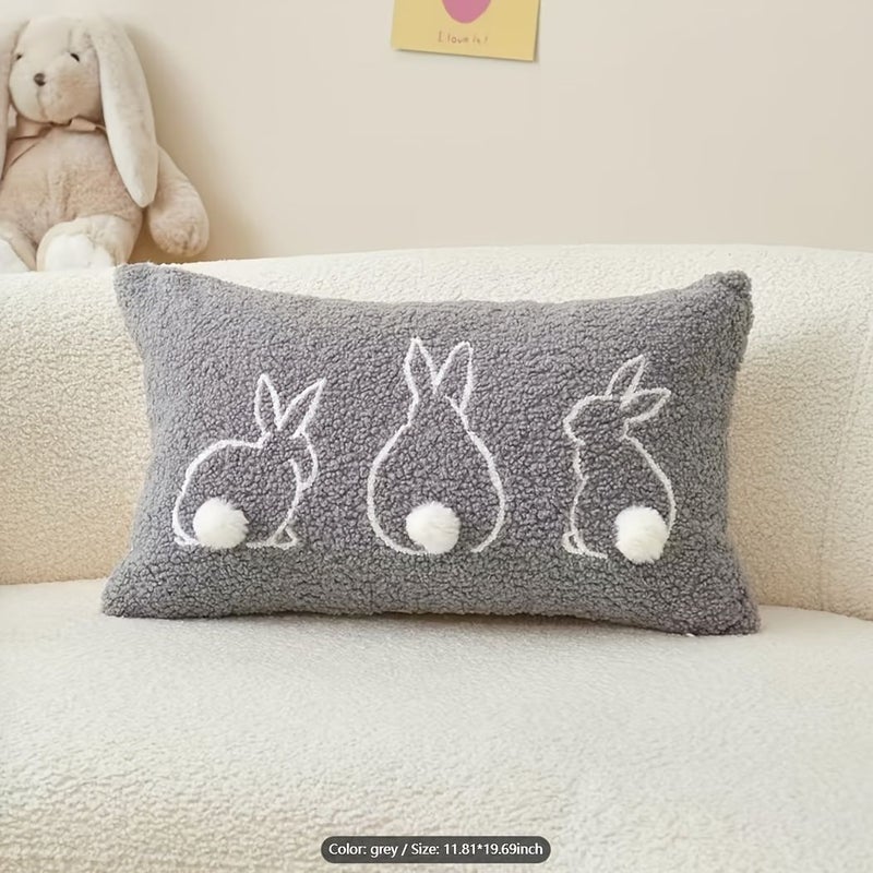 Grey Embroidered Rabbit Lambswool Velvet Cushion Cover Plush Pillowcase - Image 4