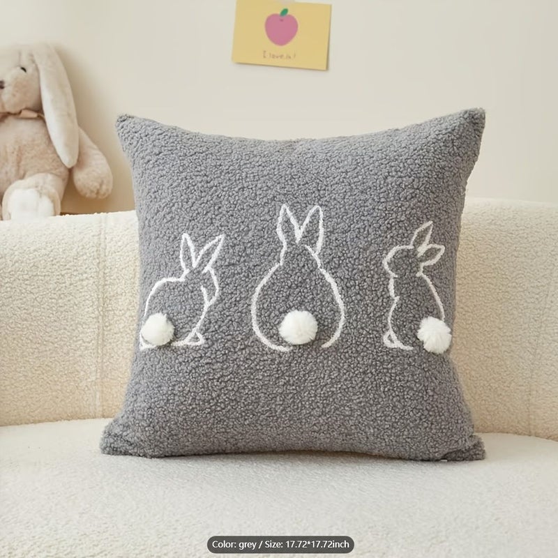 Grey Embroidered Rabbit Lambswool Velvet Cushion Cover Plush Pillowcase - Image 2
